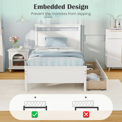Modern Twin Wooden Bed Frame with 2 Drawers for Storage Perfect for Teens and Adults – White