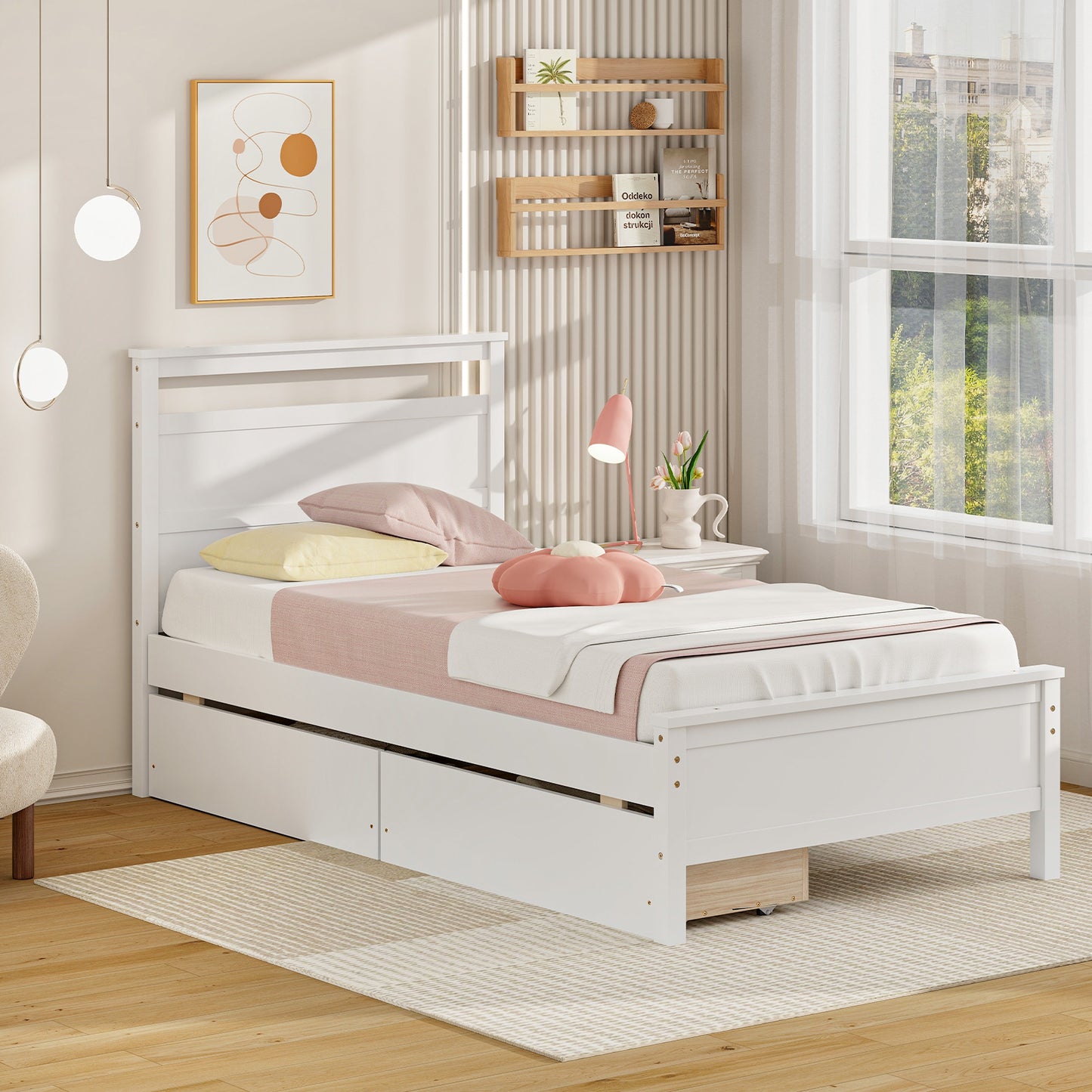 Modern Twin Wooden Bed Frame with 2 Drawers for Storage Perfect for Teens and Adults – White