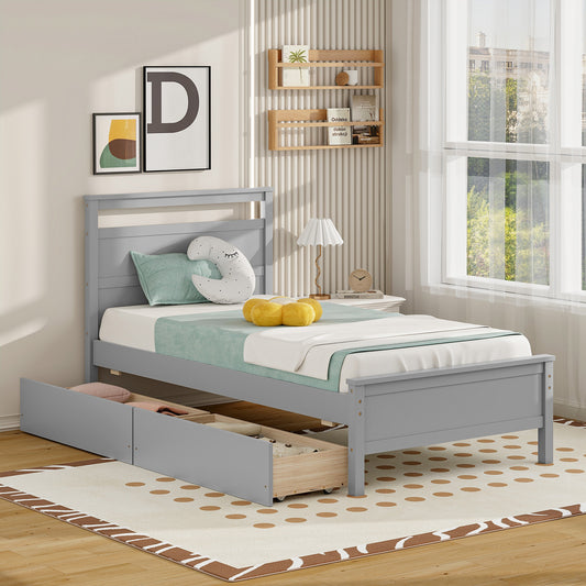 Modern Twin Wooden Bed Frame with 2 Drawers for Storage Perfect for Teens and Adults – Grey