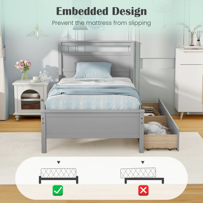 Modern Twin Wooden Bed Frame with 2 Drawers for Storage Perfect for Teens and Adults – Grey