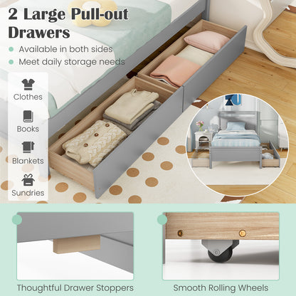 Modern Twin Wooden Bed Frame with 2 Drawers for Storage Perfect for Teens and Adults – Grey