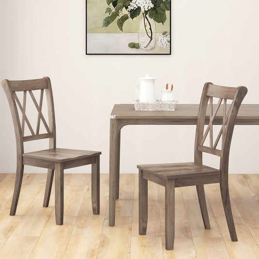 Pair of Cross Back Dining Chairs with Rubber Wood Frame for Farmhouse Style Seating - Brown
