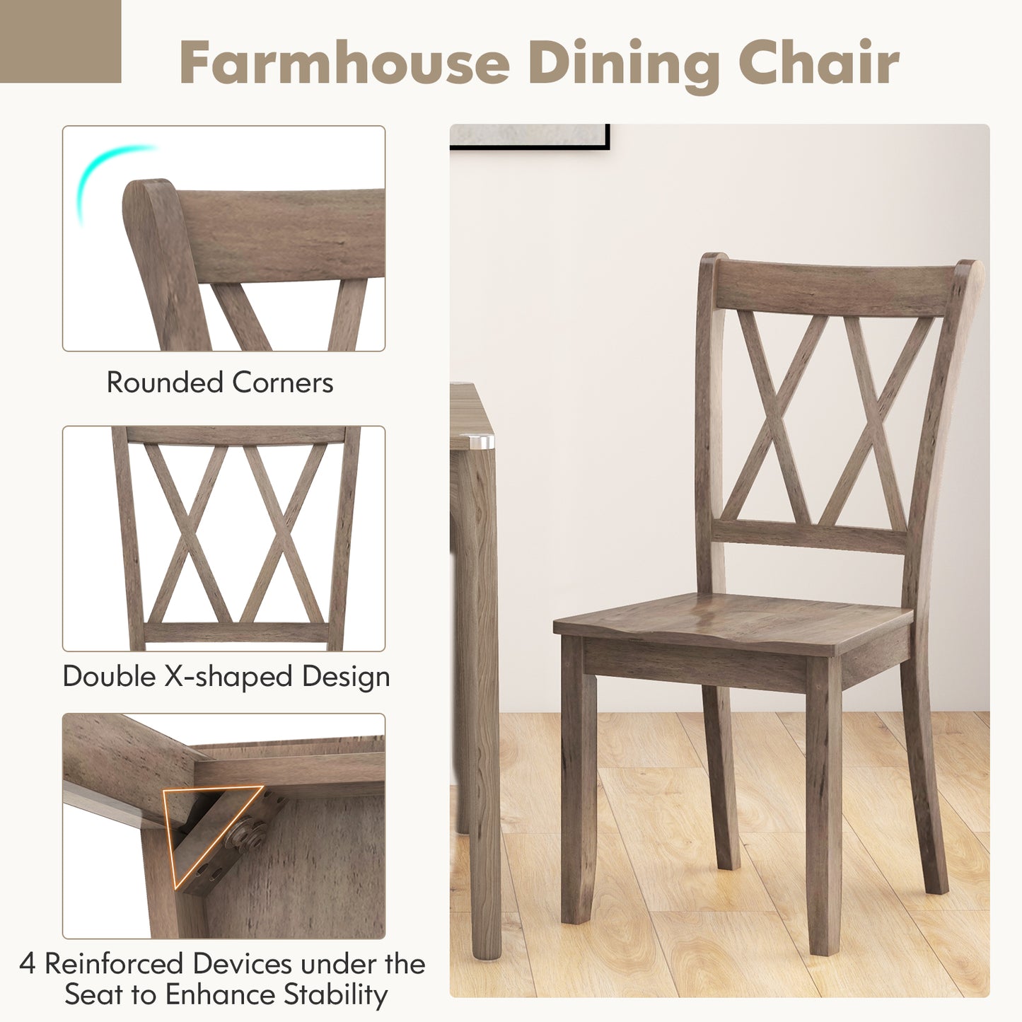 Pair of Cross Back Dining Chairs with Rubber Wood Frame for Farmhouse Style Seating - Brown