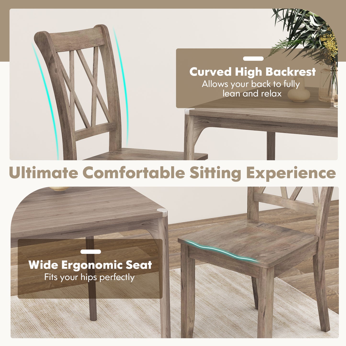Pair of Cross Back Dining Chairs with Rubber Wood Frame for Farmhouse Style Seating - Brown
