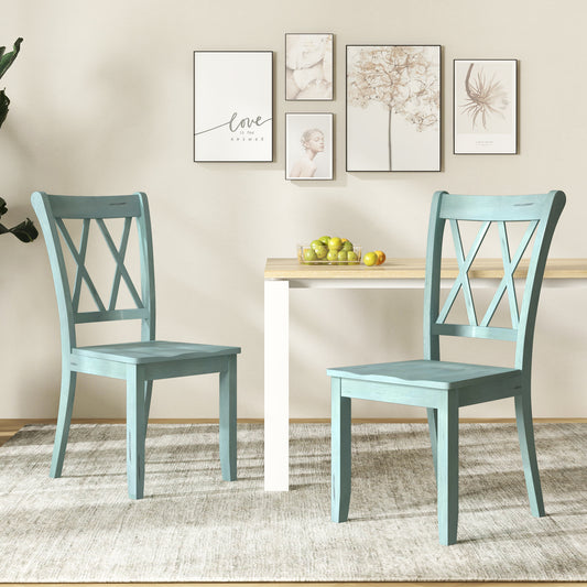 Pair of Cross Back Dining Chairs with Rubber Wood Frame for Farmhouse Style Seating - Green
