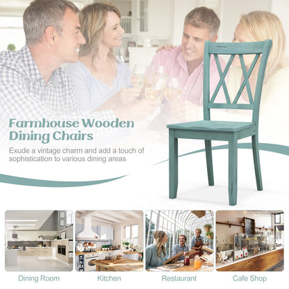 Pair of Cross Back Dining Chairs with Rubber Wood Frame for Farmhouse Style Seating - Green