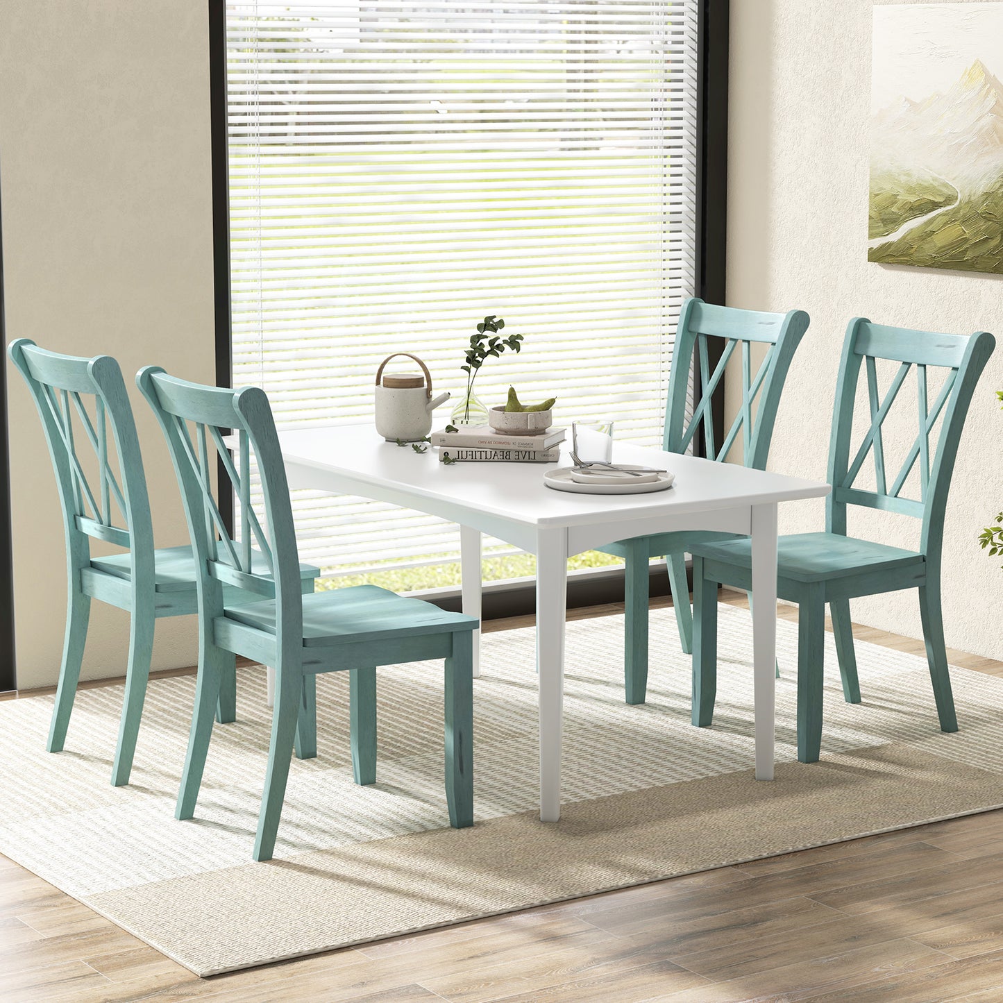 Pair of Cross Back Dining Chairs with Rubber Wood Frame for Farmhouse Style Seating - Green