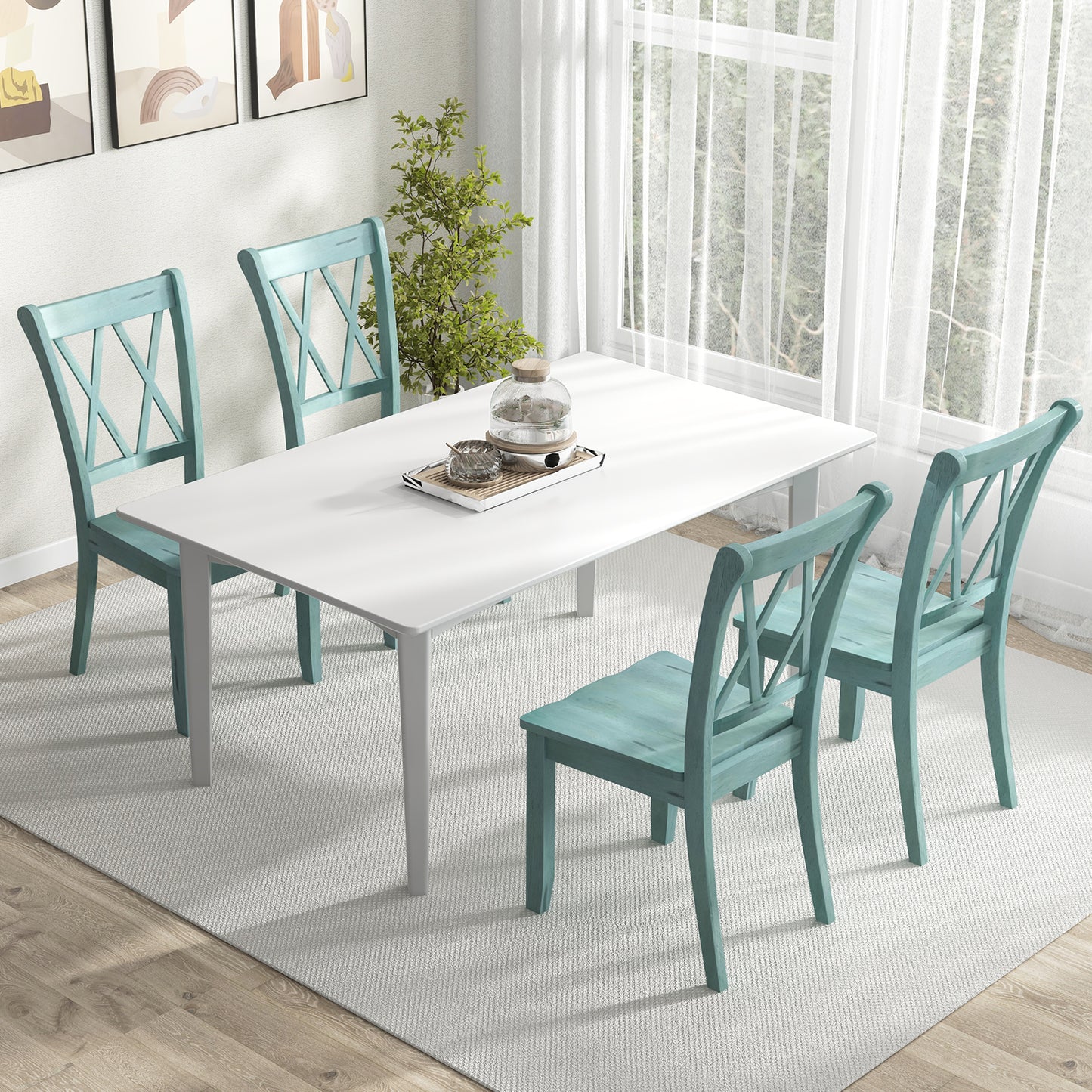 Pair of Cross Back Dining Chairs with Rubber Wood Frame for Farmhouse Style Seating - Green