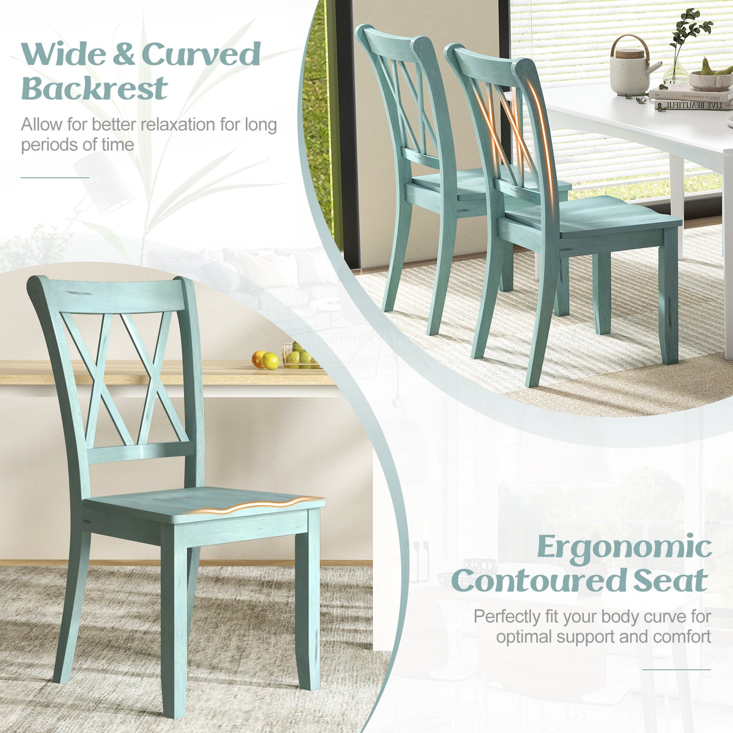 Pair of Cross Back Dining Chairs with Rubber Wood Frame for Farmhouse Style Seating - Green