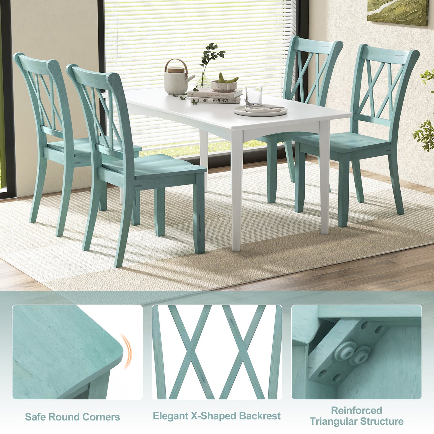 Pair of Cross Back Dining Chairs with Rubber Wood Frame for Farmhouse Style Seating - Green