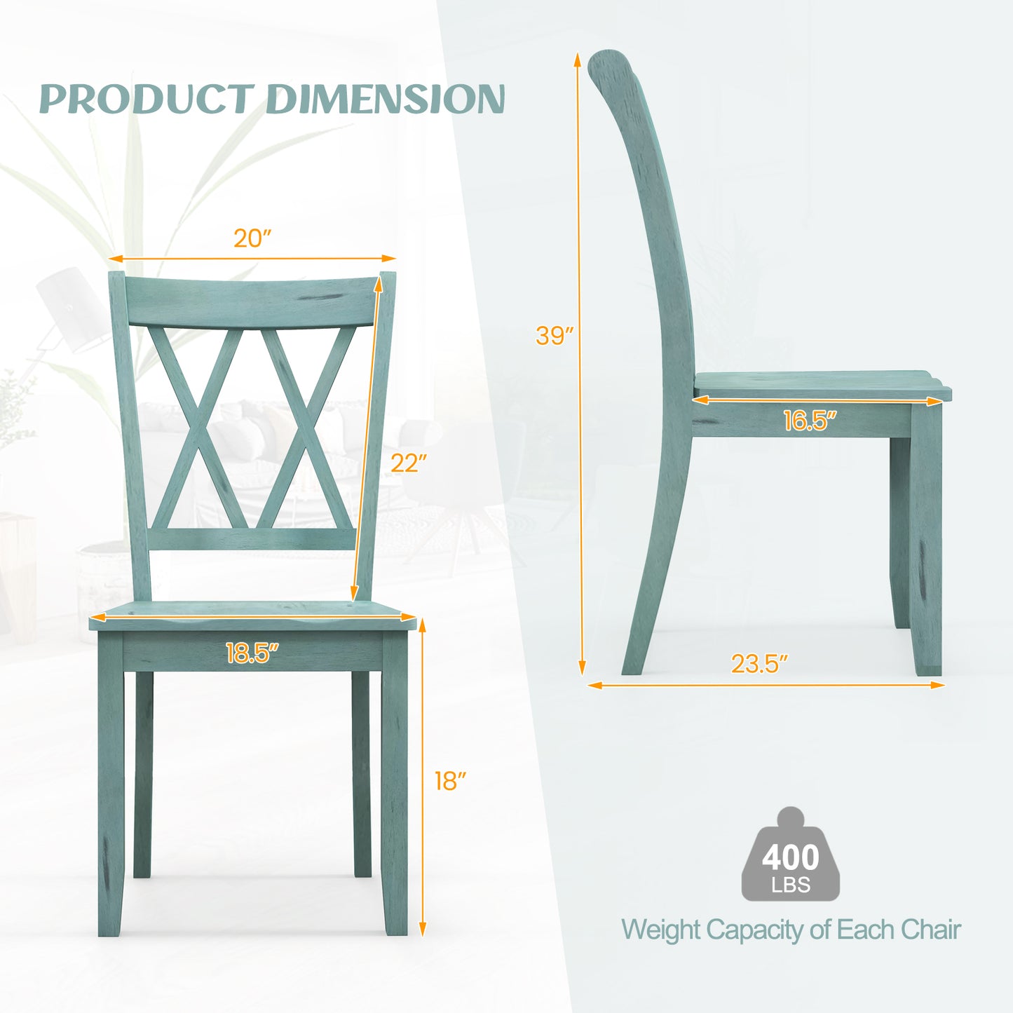 Pair of Cross Back Dining Chairs with Rubber Wood Frame for Farmhouse Style Seating - Green