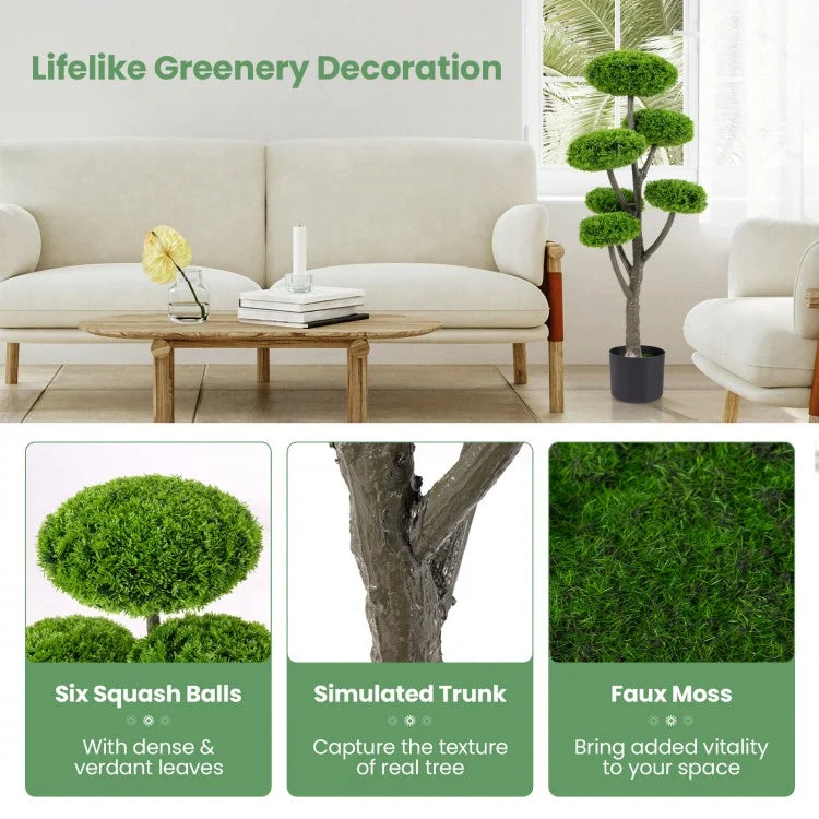 44" Artificial Boxwood Topiary Tree with Six Squash Balls, Faux Moss & Realistic Trunk