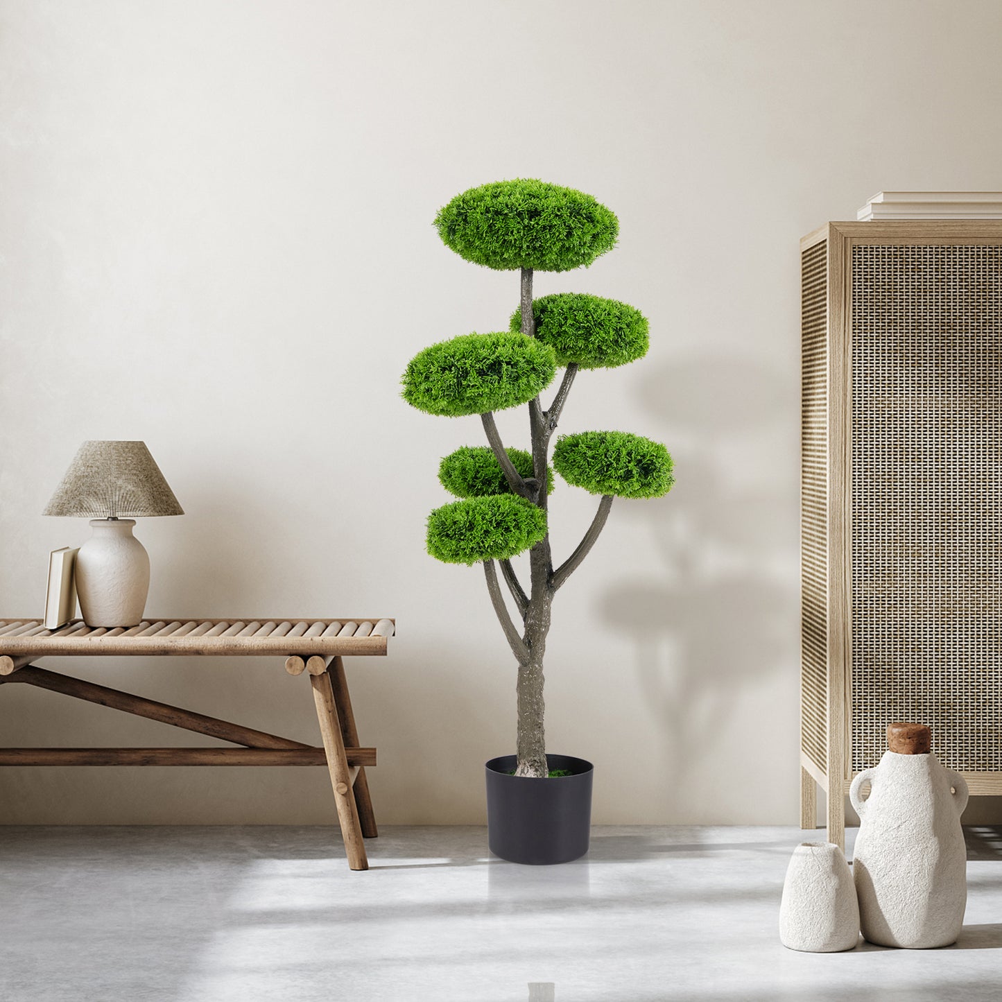 44" Artificial Boxwood Topiary Tree with Six Squash Balls, Faux Moss & Realistic Trunk