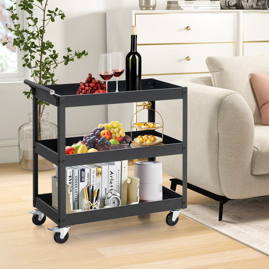 Rolling Utility Cart with 3 Tiers, Metal Frame, Handle and Lockable Wheels - Black