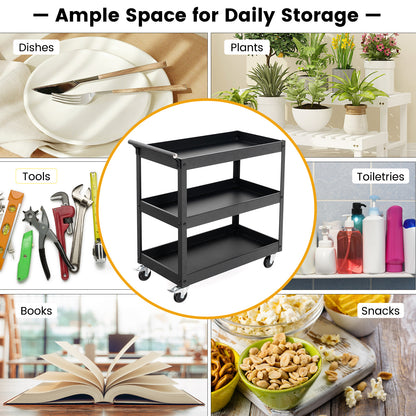 Rolling Utility Cart with 3 Tiers, Metal Frame, Handle and Lockable Wheels - Black