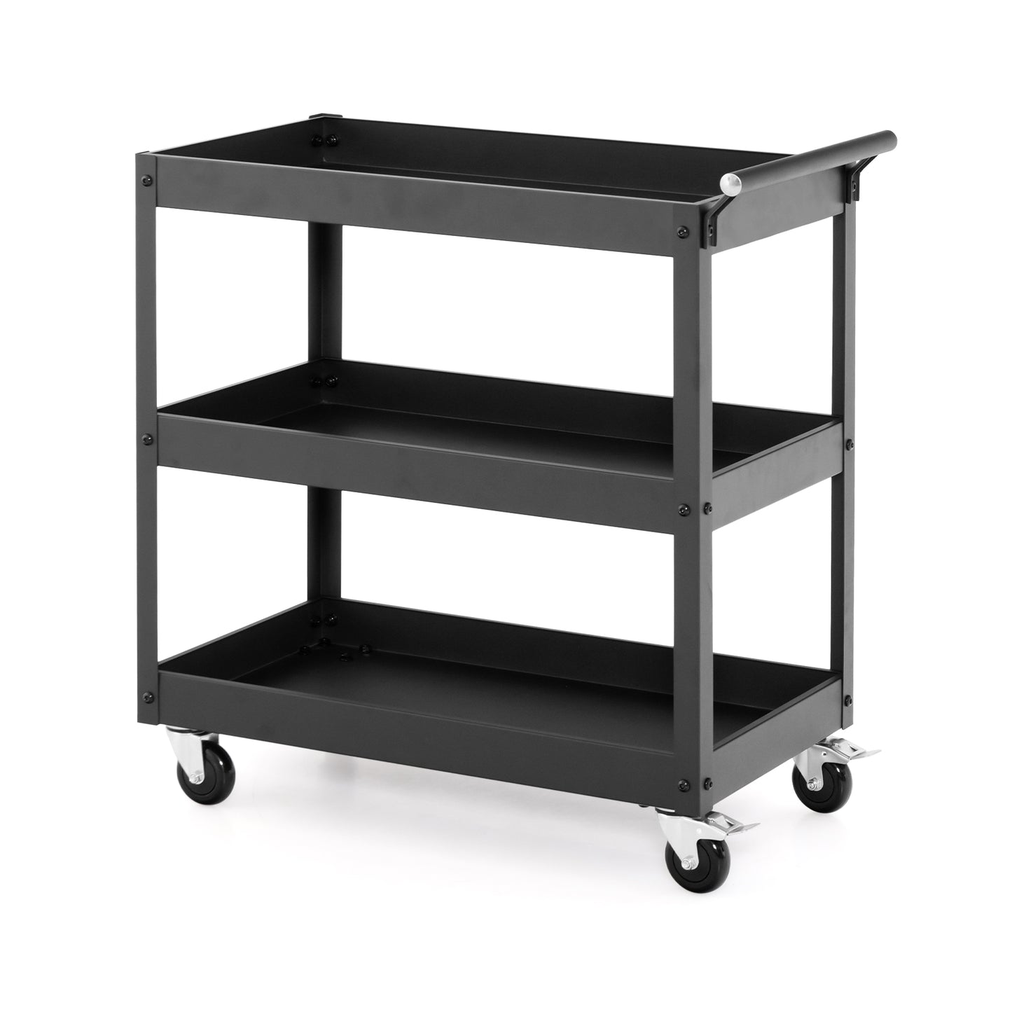 Rolling Utility Cart with 3 Tiers, Metal Frame, Handle and Lockable Wheels - Black
