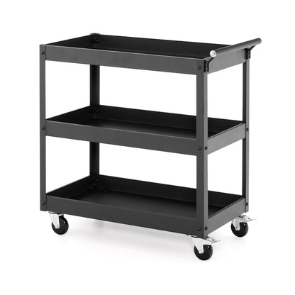 Rolling Utility Cart with 3 Tiers, Metal Frame, Handle and Lockable Wheels - Black
