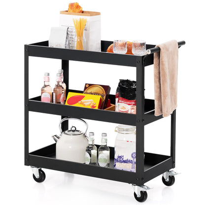 Rolling Utility Cart with 3 Tiers, Metal Frame, Handle and Lockable Wheels - Black