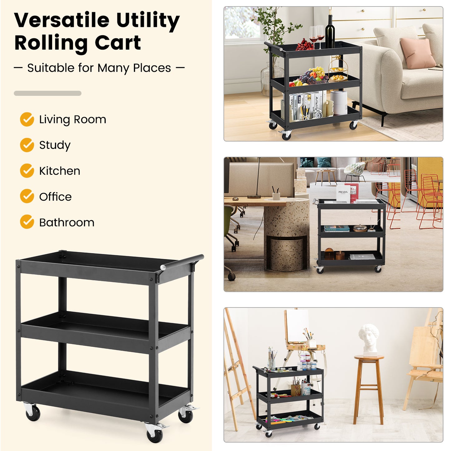 Rolling Utility Cart with 3 Tiers, Metal Frame, Handle and Lockable Wheels - Black