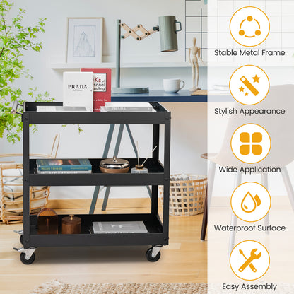 Rolling Utility Cart with 3 Tiers, Metal Frame, Handle and Lockable Wheels - Black
