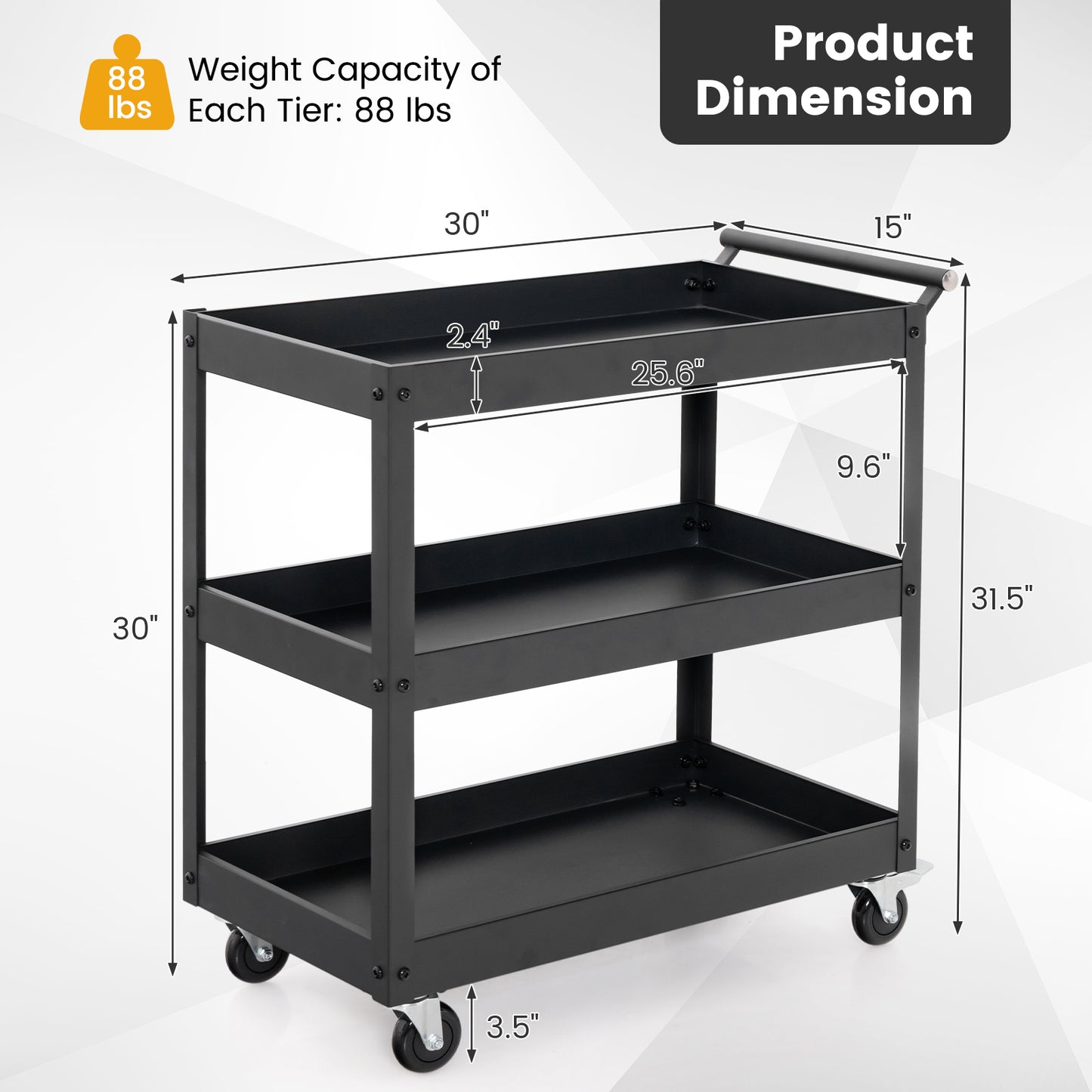 Rolling Utility Cart with 3 Tiers, Metal Frame, Handle and Lockable Wheels - Black