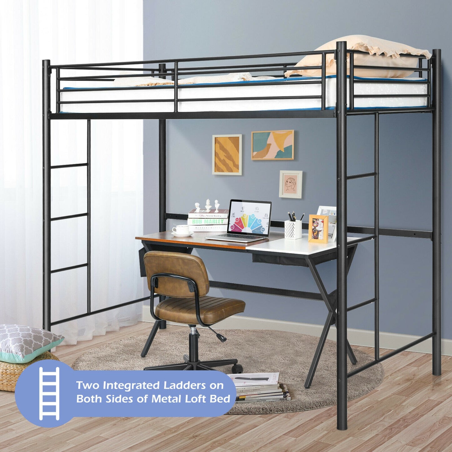 Sturdy Twin Loft Bed Frame with Dual Ladders and Full-Length Guardrail - Black