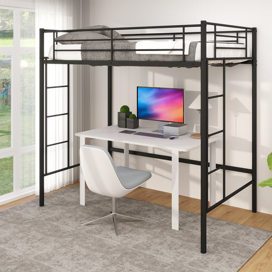 Sturdy Twin Loft Bed Frame with Dual Ladders and Full-Length Guardrail - Black