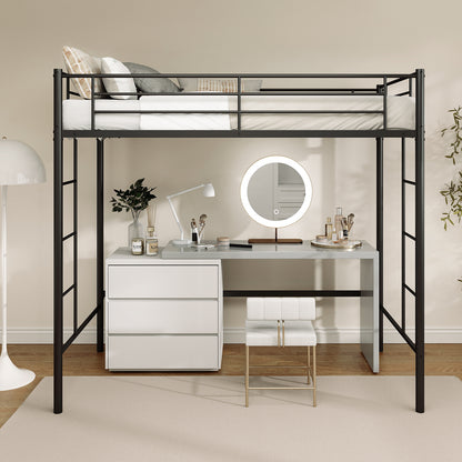 Sturdy Twin Loft Bed Frame with Dual Ladders and Full-Length Guardrail - Black