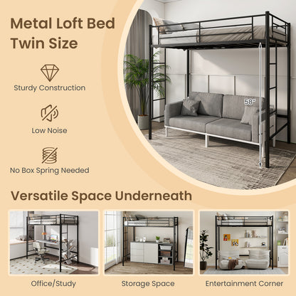 Sturdy Twin Loft Bed Frame with Dual Ladders and Full-Length Guardrail - Black