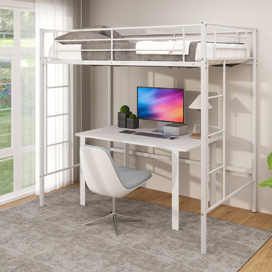 Sturdy Twin Loft Bed Frame with Dual Ladders and Full-Length Guardrail - White