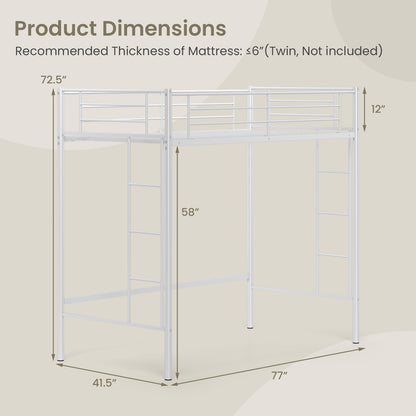 Sturdy Twin Loft Bed Frame with Dual Ladders and Full-Length Guardrail - White
