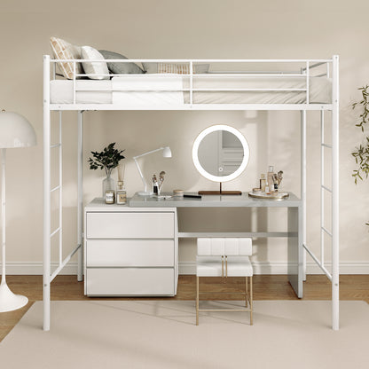 Sturdy Twin Loft Bed Frame with Dual Ladders and Full-Length Guardrail - White