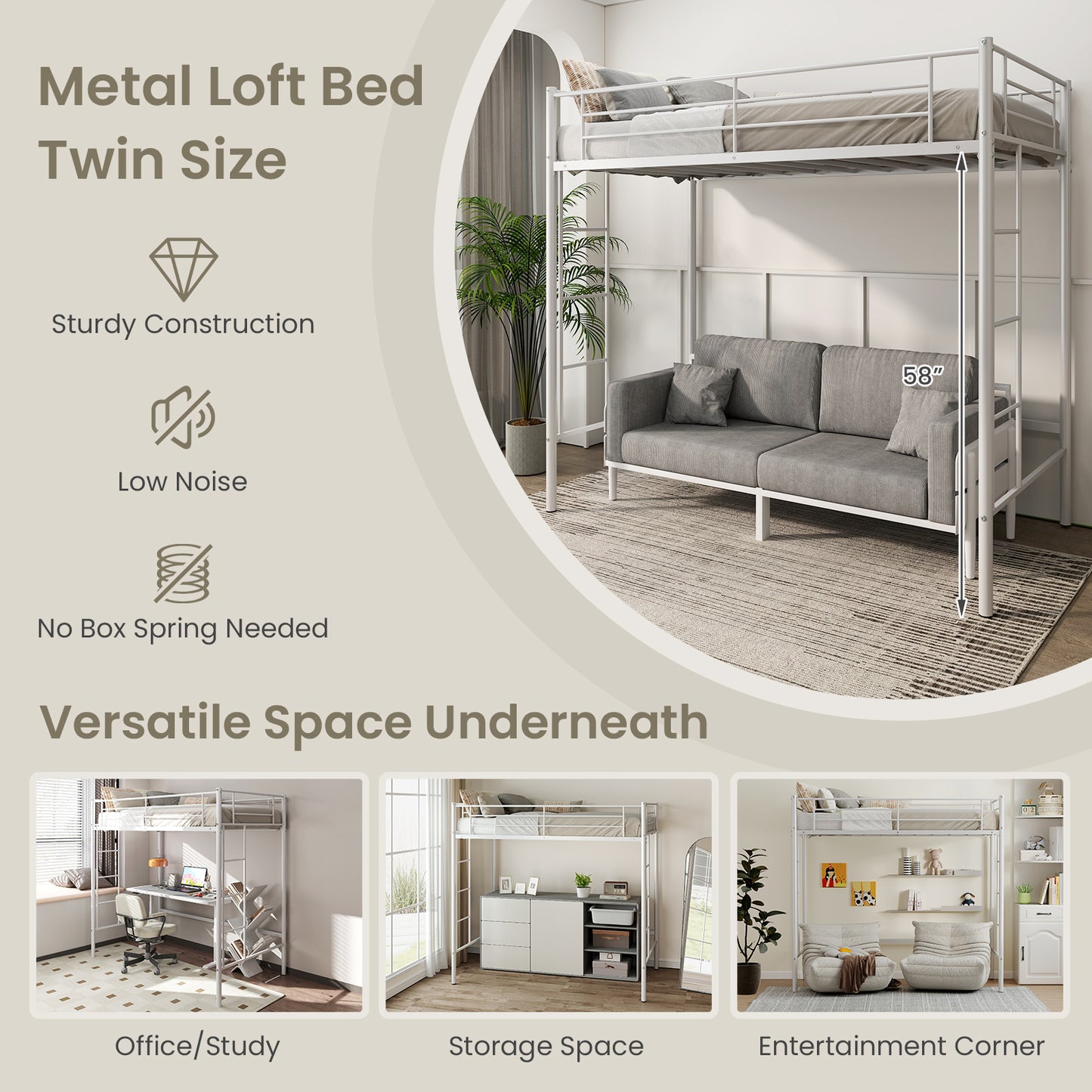 Sturdy Twin Loft Bed Frame with Dual Ladders and Full-Length Guardrail - White