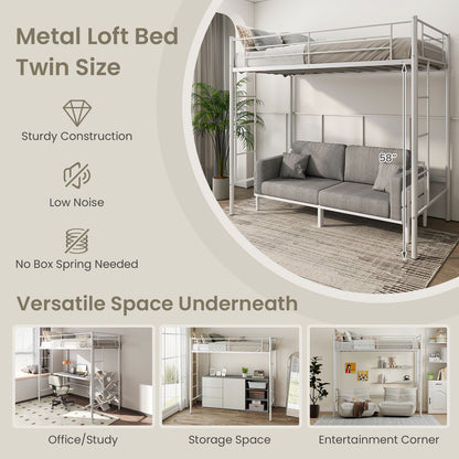 Sturdy Twin Loft Bed Frame with Dual Ladders and Full-Length Guardrail - White
