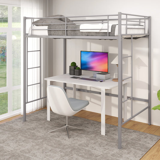 Sturdy Twin Loft Bed Frame with Dual Ladders and Full-Length Guardrail - Silver