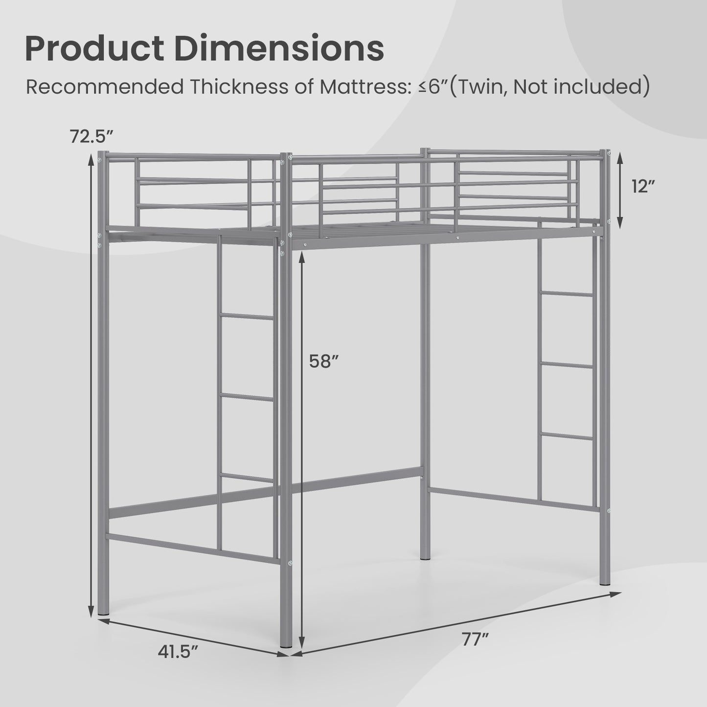 Sturdy Twin Loft Bed Frame with Dual Ladders and Full-Length Guardrail - Silver