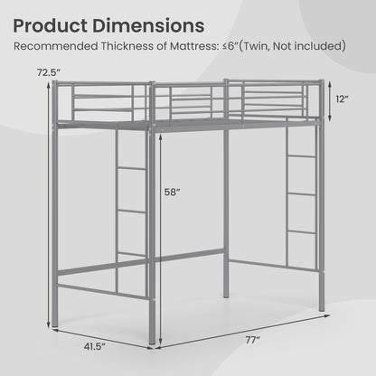 Sturdy Twin Loft Bed Frame with Dual Ladders and Full-Length Guardrail - Silver