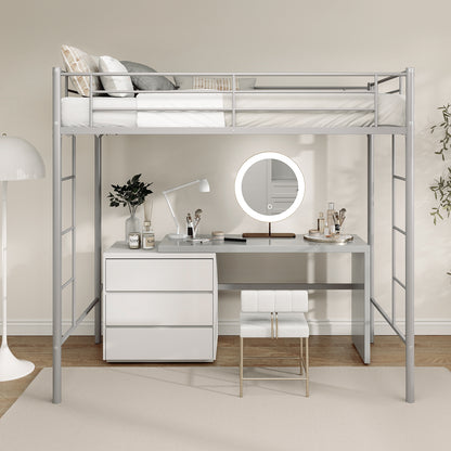 Sturdy Twin Loft Bed Frame with Dual Ladders and Full-Length Guardrail - Silver