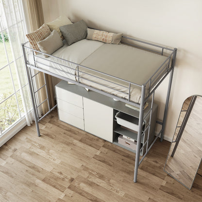 Sturdy Twin Loft Bed Frame with Dual Ladders and Full-Length Guardrail - Silver