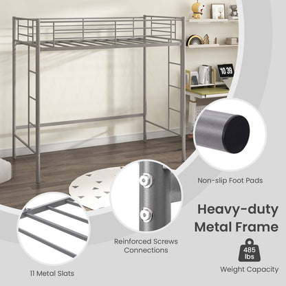 Sturdy Twin Loft Bed Frame with Dual Ladders and Full-Length Guardrail - Silver