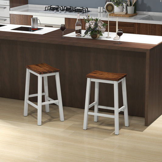 Backless 24.5 Inch Saddle Bar Stools with Acacia Wood Frame and Footrests, Set of 2