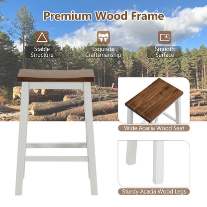 Backless 24.5 Inch Saddle Bar Stools with Acacia Wood Frame and Footrests, Set of 2