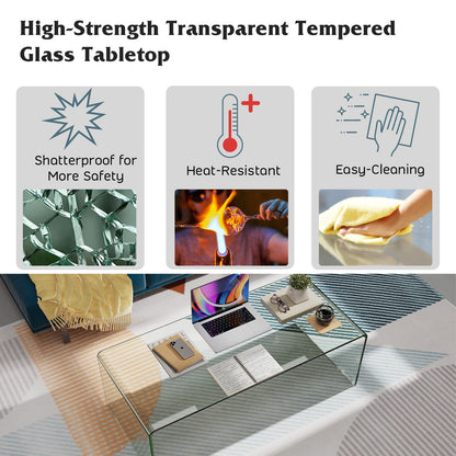 Clear Tempered Glass Coffee Table 42 x 20 Inch with Rounded Edges and U-Shaped Modern Design