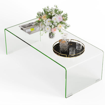 Clear Tempered Glass Coffee Table 42 x 20 Inch with Rounded Edges and U-Shaped Modern Design