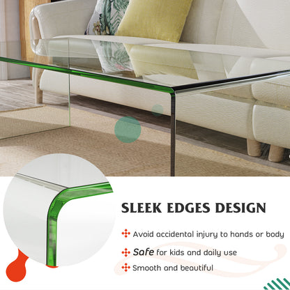 Clear Tempered Glass Coffee Table 42 x 20 Inch with Rounded Edges and U-Shaped Modern Design