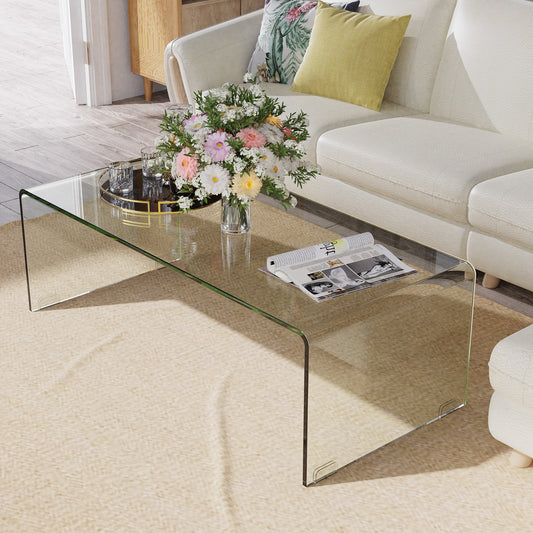 Clear Tempered Glass Coffee Table 42 x 20 Inch with Rounded Edges and U-Shaped Modern Design