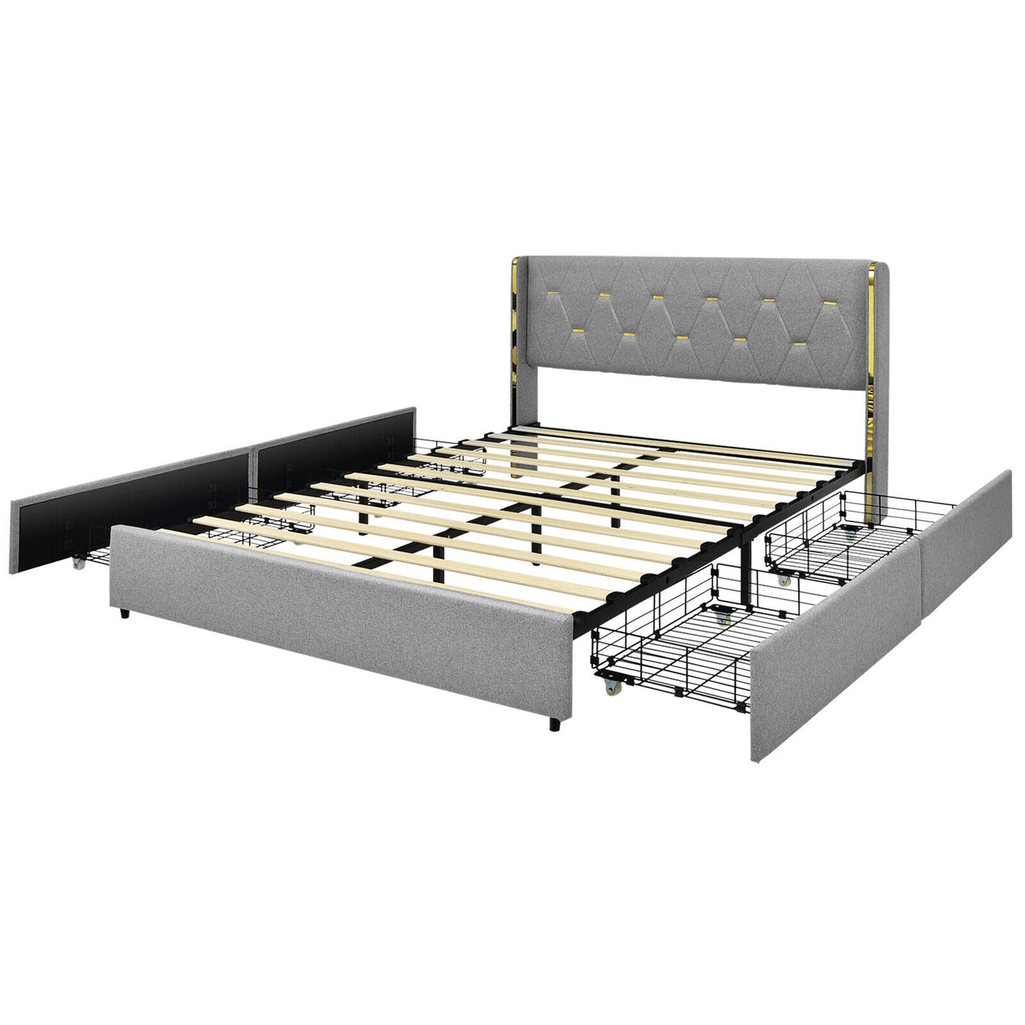 Upholstered Full/Queen Platform Bed Frame with High Adjustable Headboard and 4 Storage Drawers
