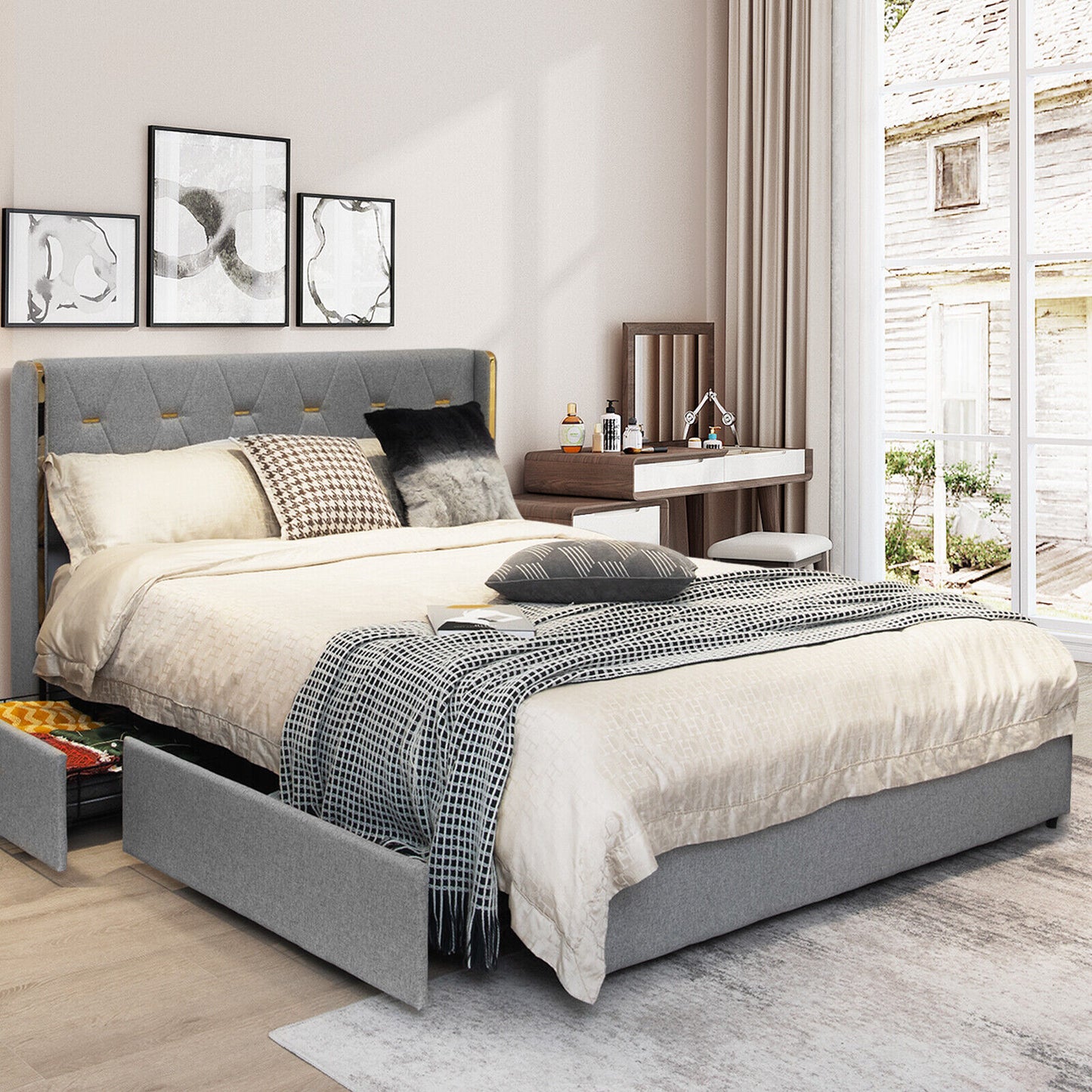 Upholstered Full/Queen Platform Bed Frame with High Adjustable Headboard and 4 Storage Drawers