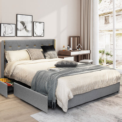 Upholstered Full/Queen Platform Bed Frame with High Adjustable Headboard and 4 Storage Drawers