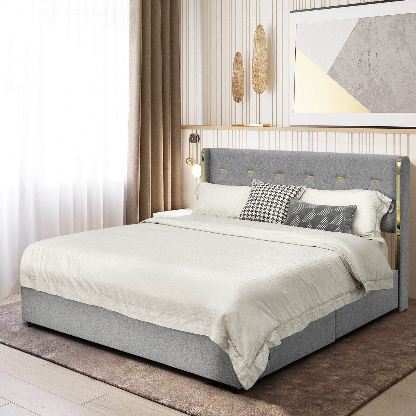 Upholstered Full/Queen Platform Bed Frame with High Adjustable Headboard and 4 Storage Drawers